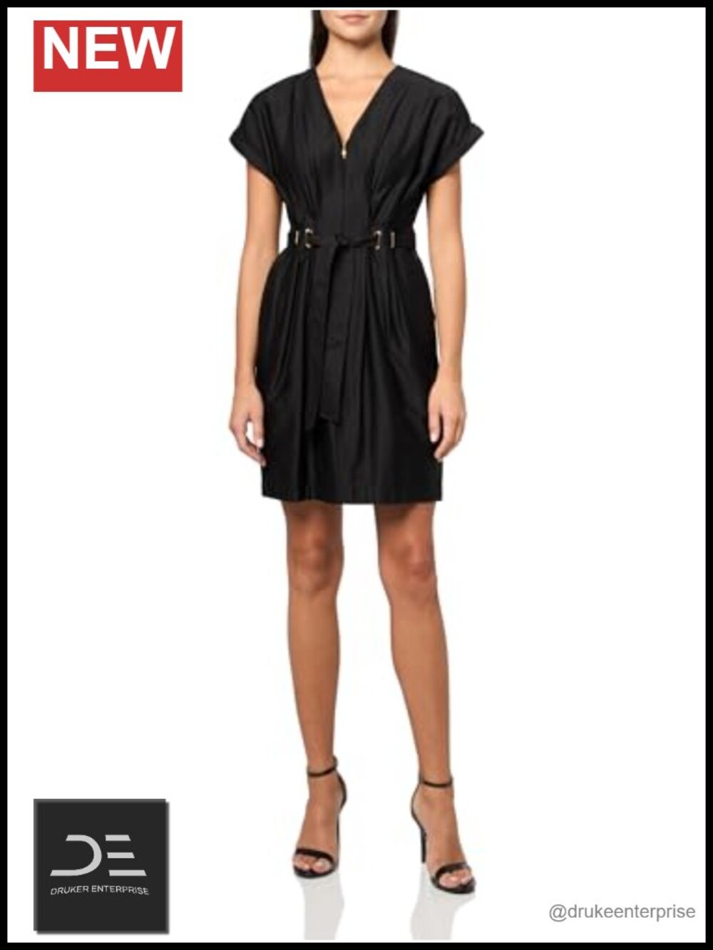 Structured short sleeve V-neck cotton belted mini wrap dress